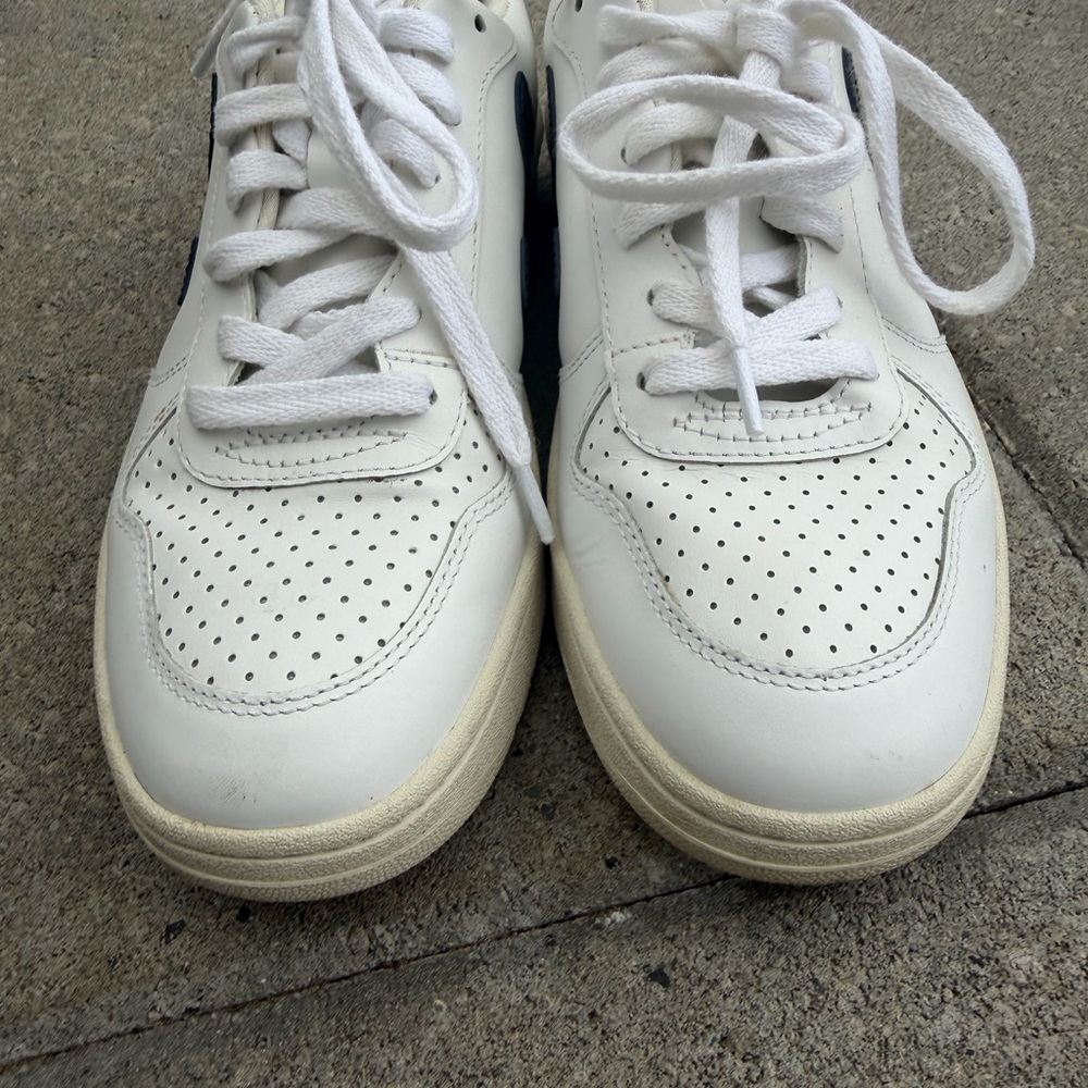 Veja White Leather Sneakers with Navy V and Red Heel Tab - Picture 3 of 10
